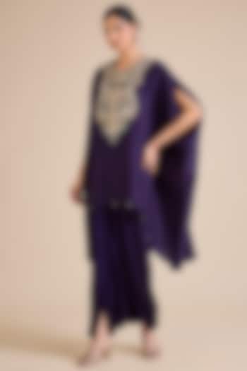 Dark Purple Silk Mukesh Work Kaftan Set by Prisho at Pernia's Pop Up Shop