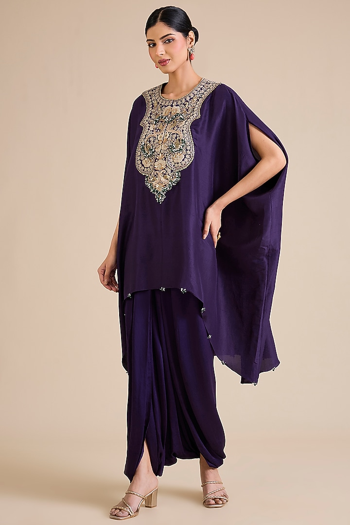 Dark Purple Silk Mukesh Work Kaftan Set by Prisho at Pernia's Pop Up Shop