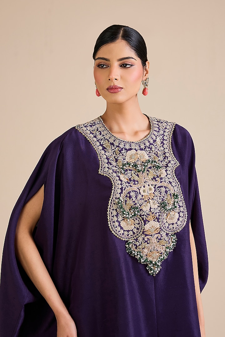 Dark Purple Silk Mukesh Work Kaftan Set by Prisho at Pernia's Pop Up Shop
