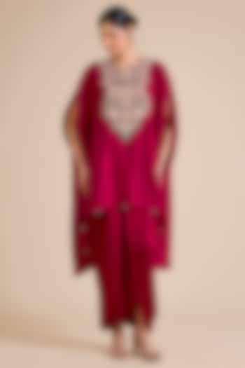 Cherry Red Silk Mukesh Work Kaftan Set by Prisho at Pernia's Pop Up Shop