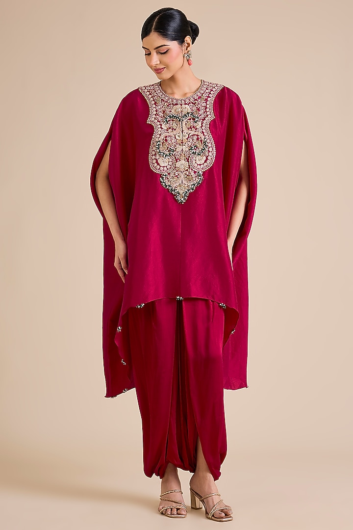 Cherry Red Silk Mukesh Work Kaftan Set by Prisho at Pernia's Pop Up Shop