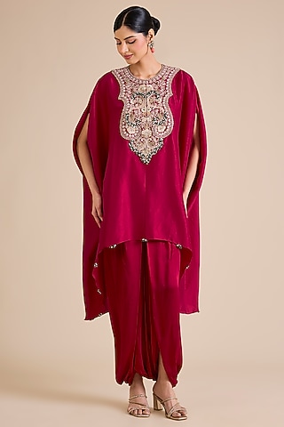 Cherry Red Silk Mukesh Work Kaftan Set by Prisho