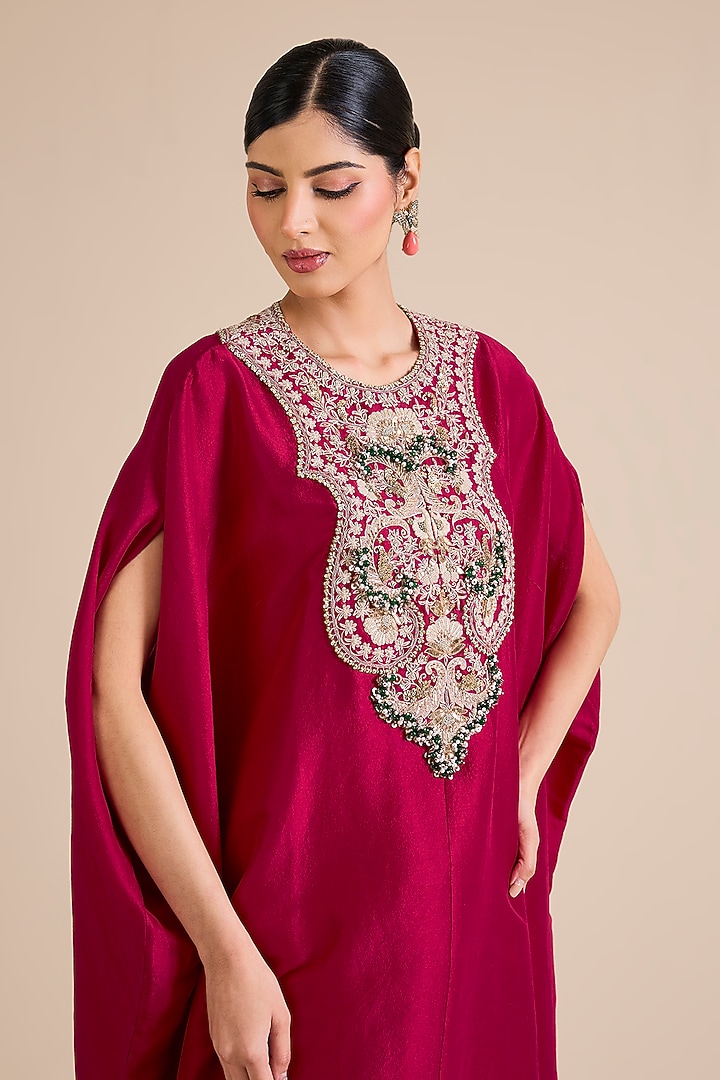 Cherry Red Silk Mukesh Work Kaftan Set by Prisho at Pernia's Pop Up Shop