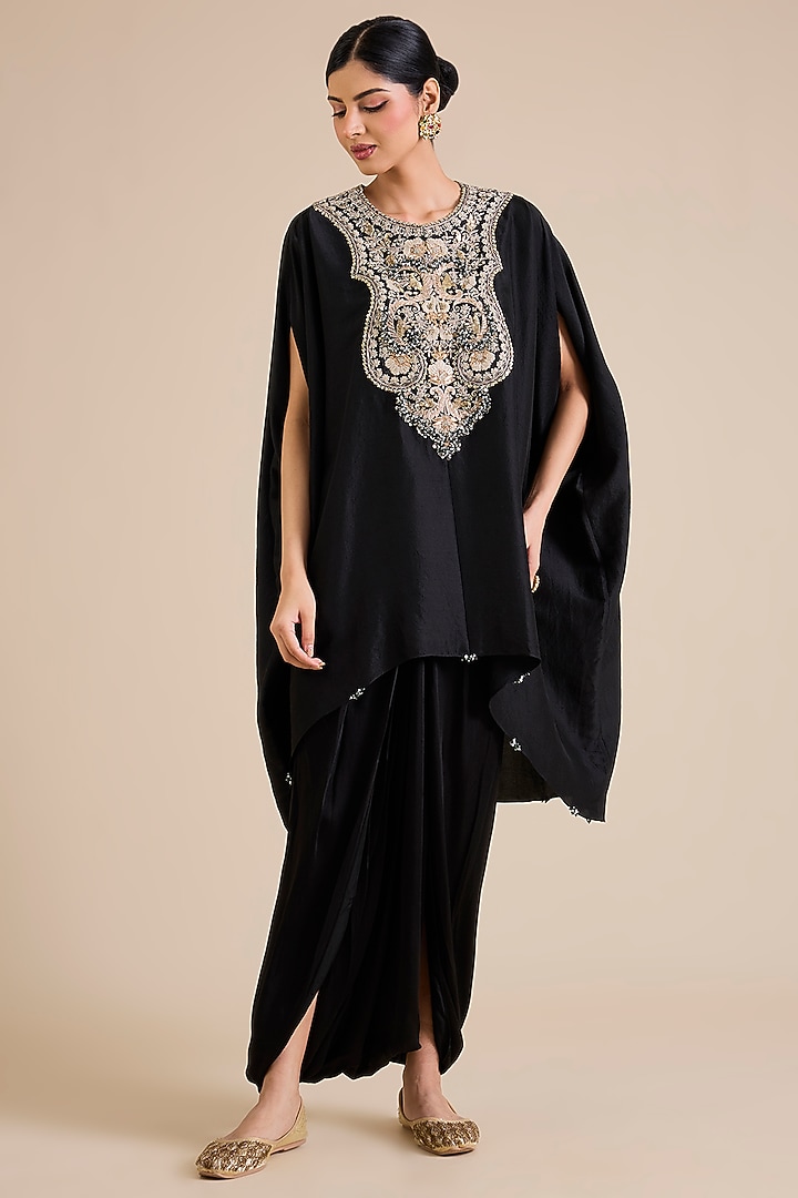 Black Silk Mukesh Work Kaftan Set by Prisho at Pernia's Pop Up Shop