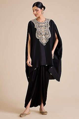 Black Silk Mukesh Work Kaftan Set by Prisho