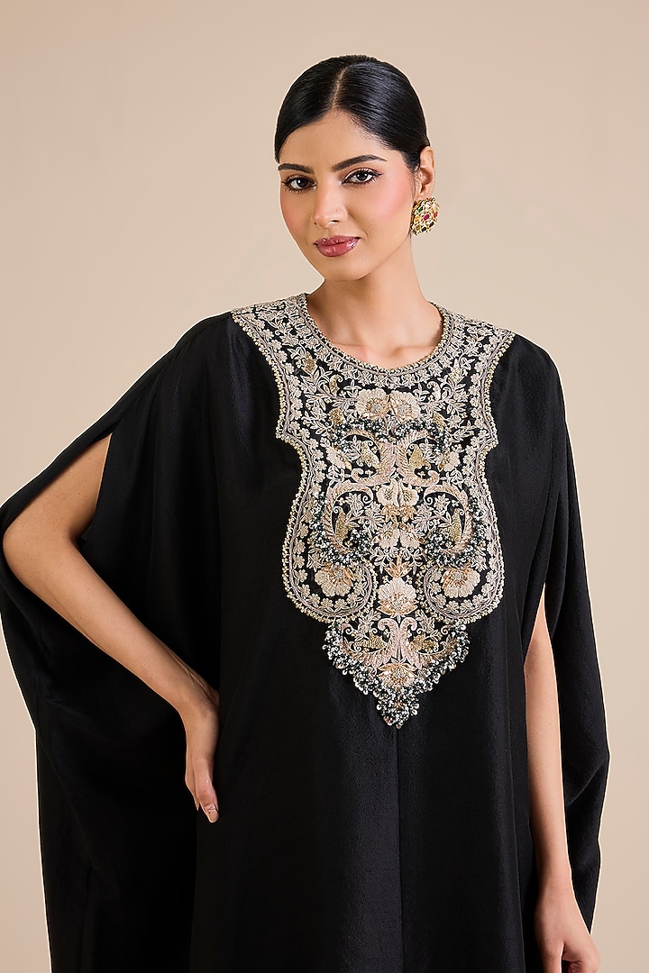 Black Silk Mukesh Work Kaftan Set by Prisho at Pernia's Pop Up Shop