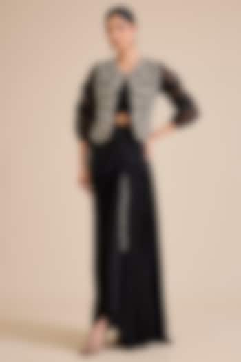 Black Silk Resham Work Jacket Set by Prisho at Pernia's Pop Up Shop
