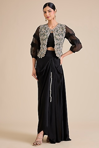 Black Silk Resham Work Jacket Set by Prisho