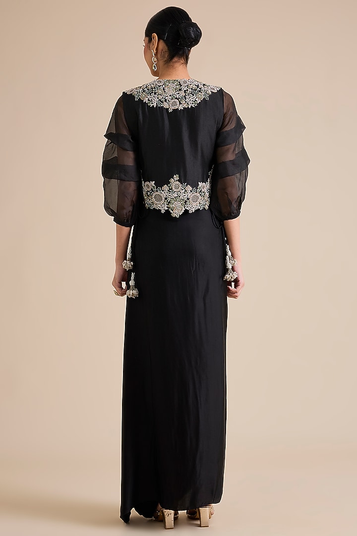 Black Silk Resham Work Jacket Set by Prisho at Pernia's Pop Up Shop