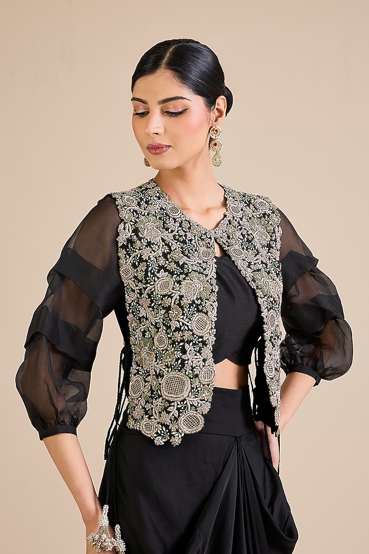 Black Silk Resham Work Jacket Set by Prisho at Pernia's Pop Up Shop