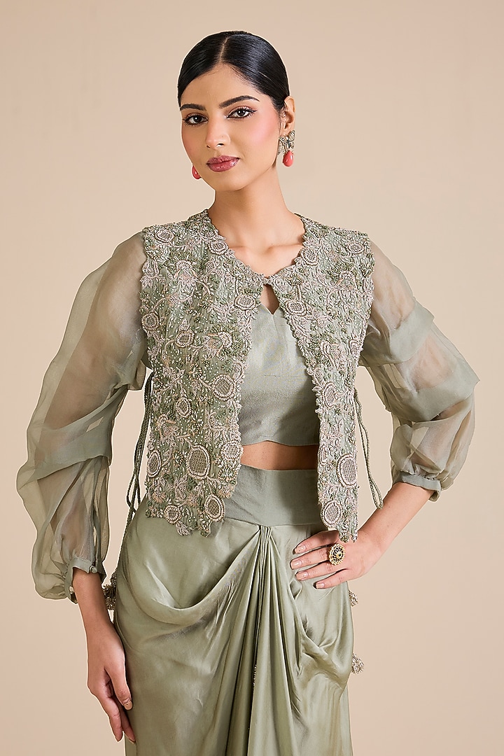 Bluish Silk Resham Work Jacket Set by Prisho at Pernia's Pop Up Shop