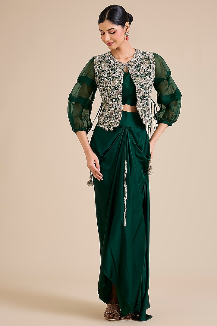 Bottle Green Silk Resham Work Jacket Set by Prisho at Pernia's Pop Up Shop