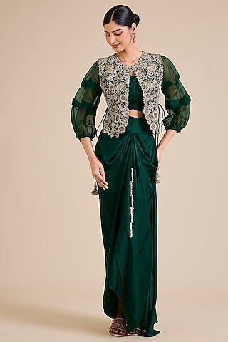 Bottle Green Silk Resham Work Jacket Set by Prisho