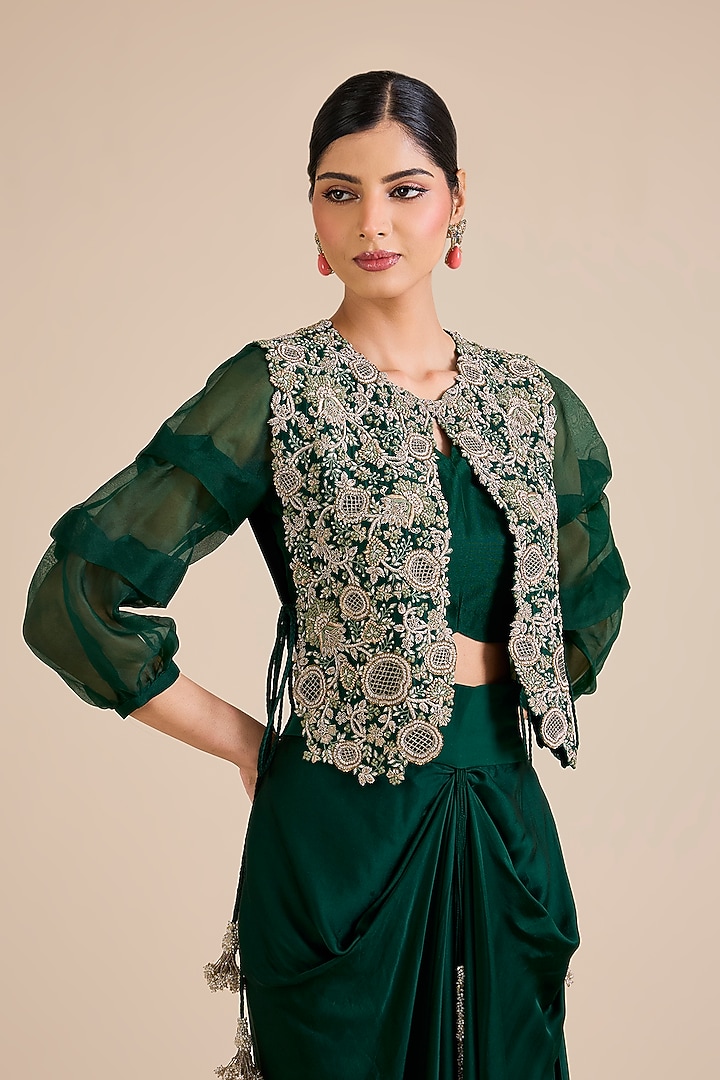 Bottle Green Silk Resham Work Jacket Set by Prisho at Pernia's Pop Up Shop