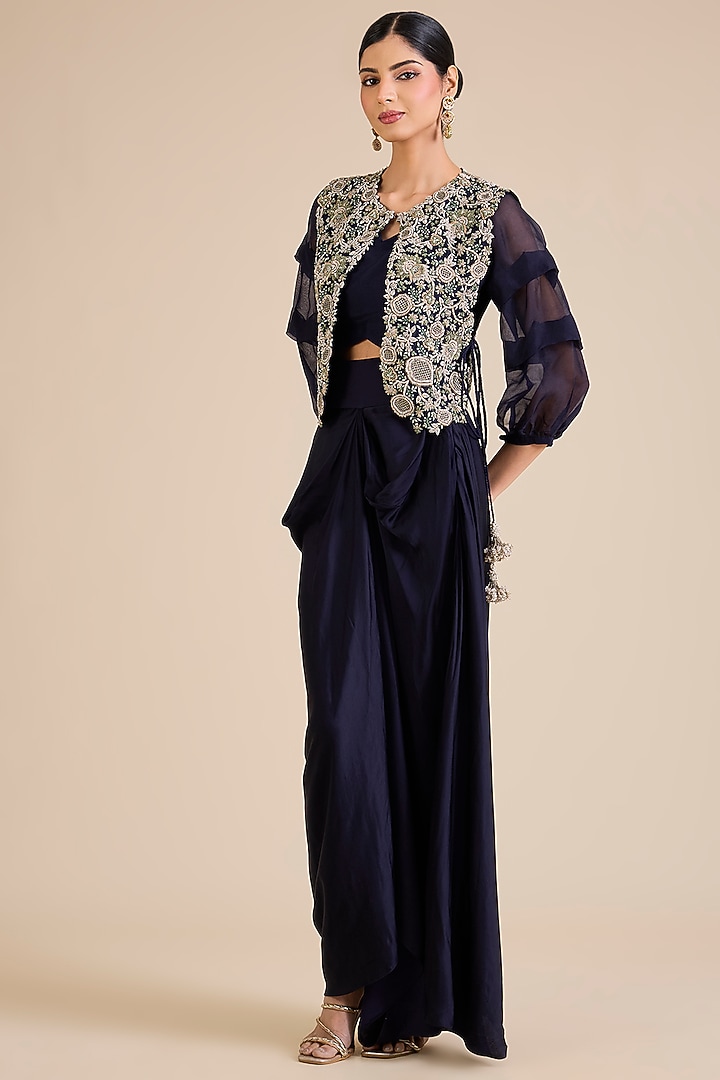 Royal Blue Silk Resham Work Jacket Set by Prisho at Pernia's Pop Up Shop