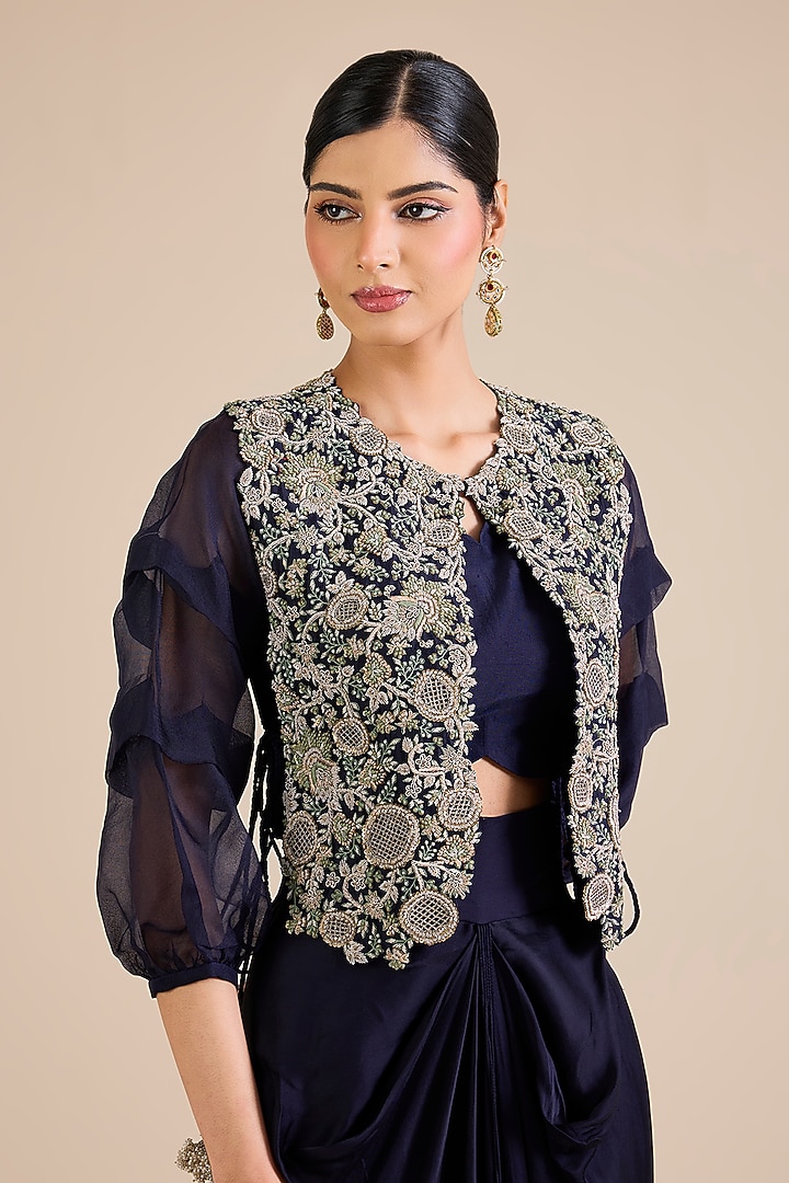 Royal Blue Silk Resham Work Jacket Set by Prisho at Pernia's Pop Up Shop