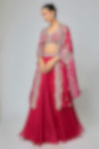 Cherry Red Organza Resham Work Cape Set by Prisho at Pernia's Pop Up Shop