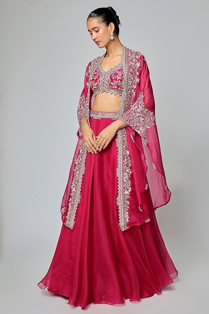Cherry Red Organza Resham Work Cape Set by Prisho at Pernia's Pop Up Shop
