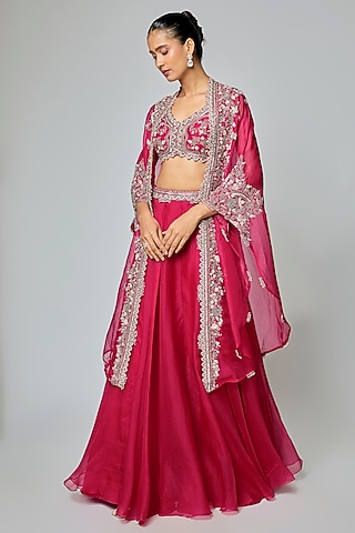 Cherry Red Organza Resham Work Cape Set by Prisho