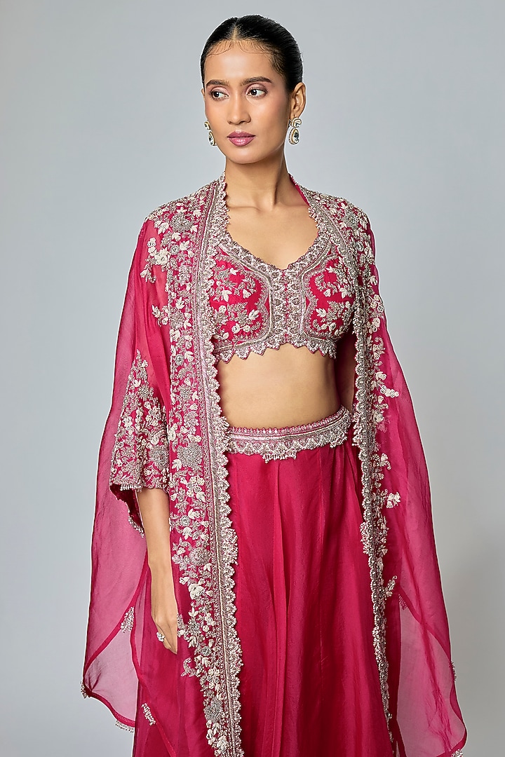 Cherry Red Organza Resham Work Cape Set by Prisho at Pernia's Pop Up Shop