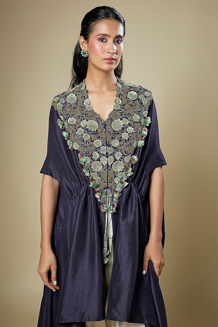 Royal Blue Dupion Silk Dori & Thread Work Kaftan Set by Prisho at Pernia's Pop Up Shop