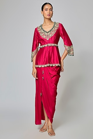 Cherry Red Modal Satin Skirt Set by Prisho