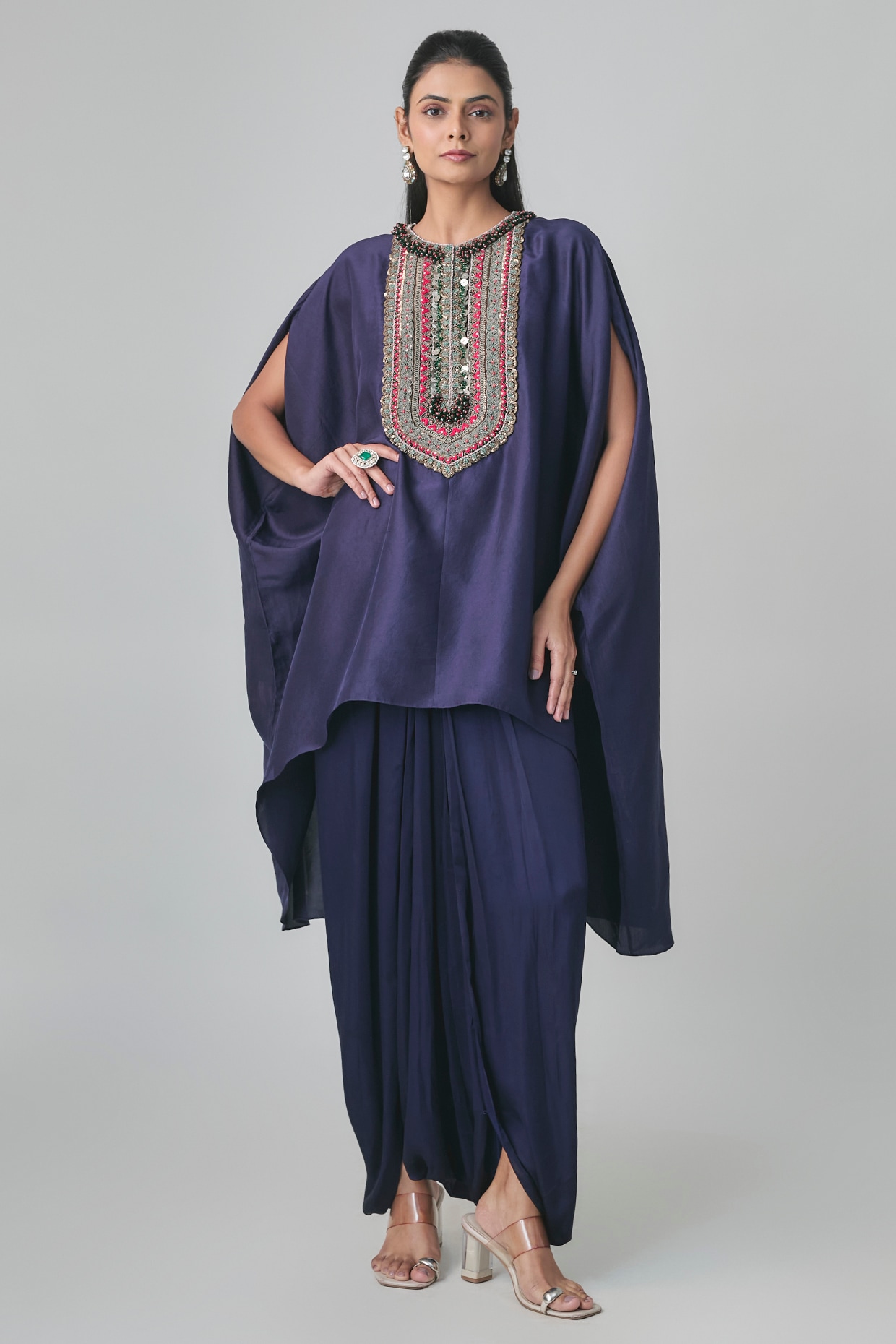 Prisho Royal Blue Silk Dori & Thread Work Kaftan Set