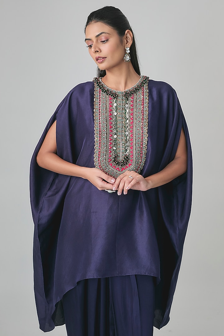 Royal Blue Silk Dori & Thread Work Kaftan Set by Prisho at Pernia's Pop Up Shop