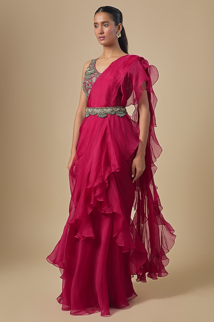 Cherry Red Organza Frilled Wedding Saree Set by Prisho at Pernia's Pop Up Shop