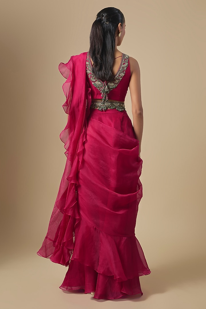 Cherry Red Organza Frilled Wedding Saree Set by Prisho at Pernia's Pop Up Shop