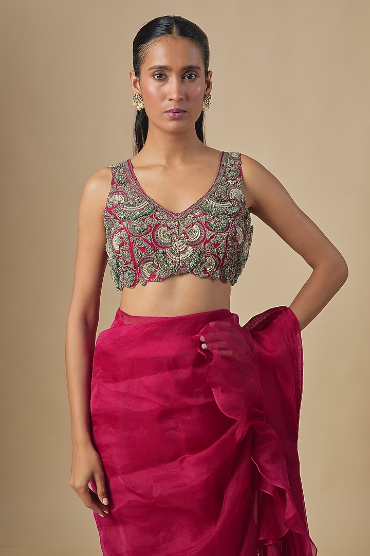 Cherry Red Organza Frilled Wedding Saree Set by Prisho at Pernia's Pop Up Shop