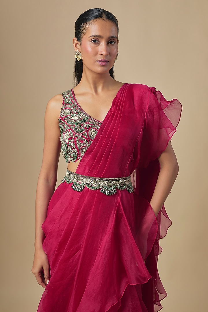 Cherry Red Organza Frilled Wedding Saree Set by Prisho at Pernia's Pop Up Shop