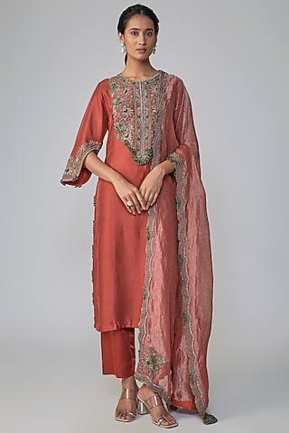 Deep Orange Silk Threadwork Kurta Set by Prisho