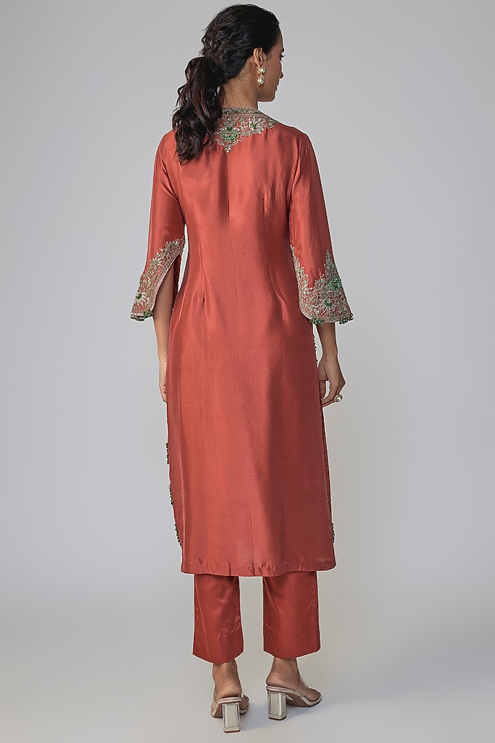 Deep Orange Silk Threadwork Kurta Set by Prisho at Pernia's Pop Up Shop