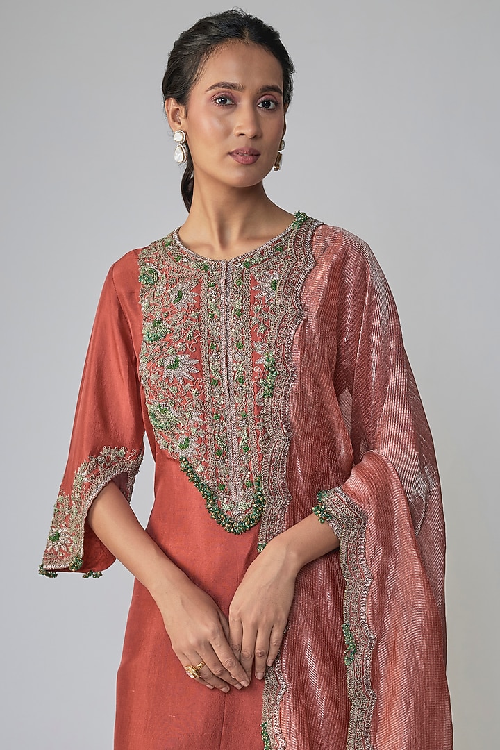 Deep Orange Silk Threadwork Kurta Set by Prisho at Pernia's Pop Up Shop
