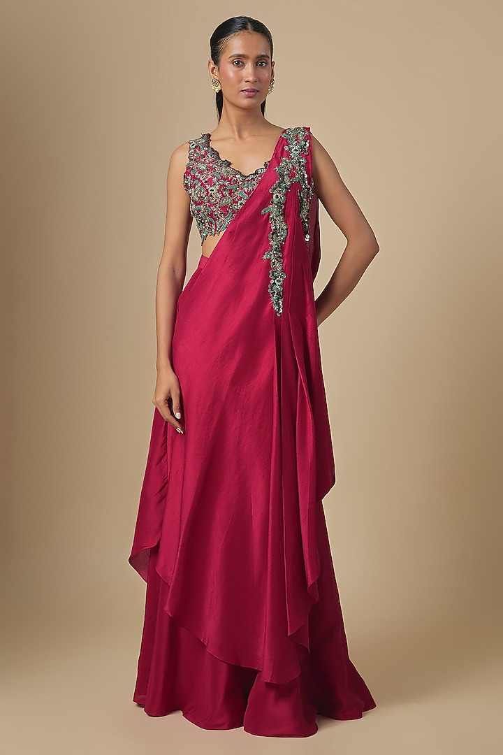 Cherry Red Silk Draped Skirt Wedding Saree Set by Prisho at Pernia's Pop Up Shop
