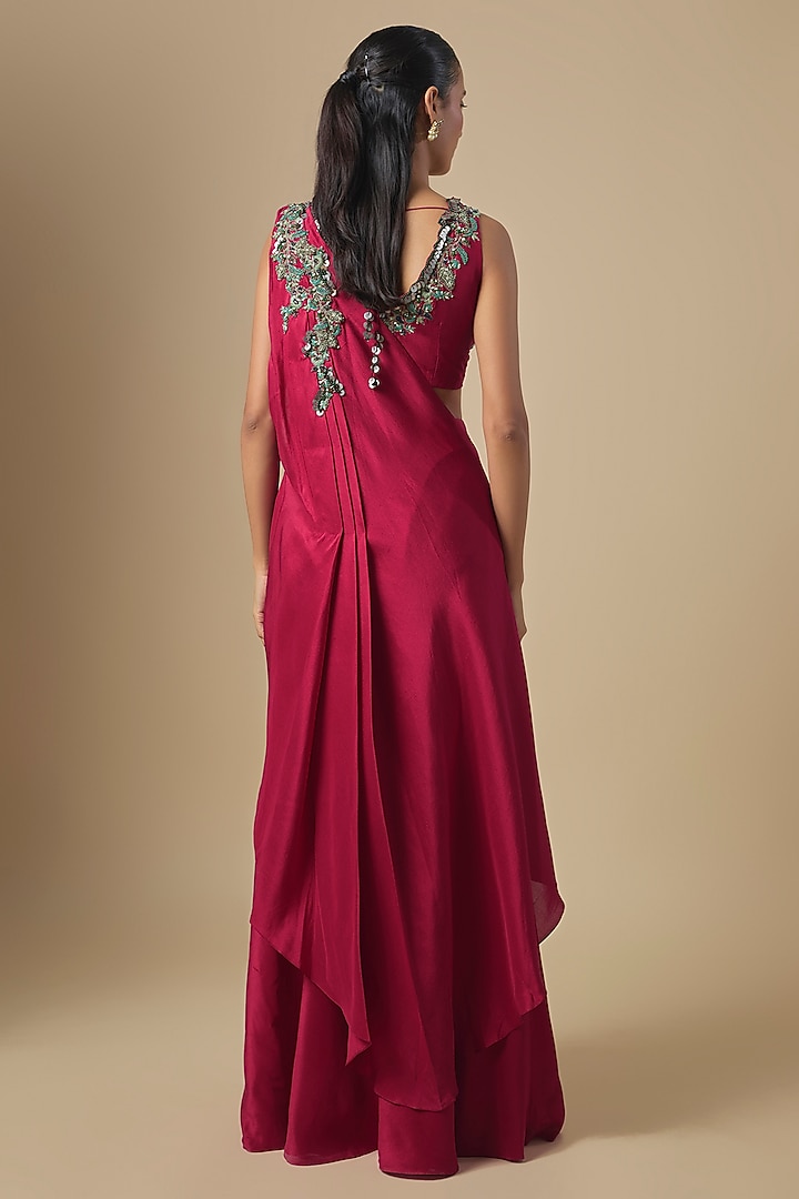 Cherry Red Silk Draped Skirt Wedding Saree Set by Prisho at Pernia's Pop Up Shop
