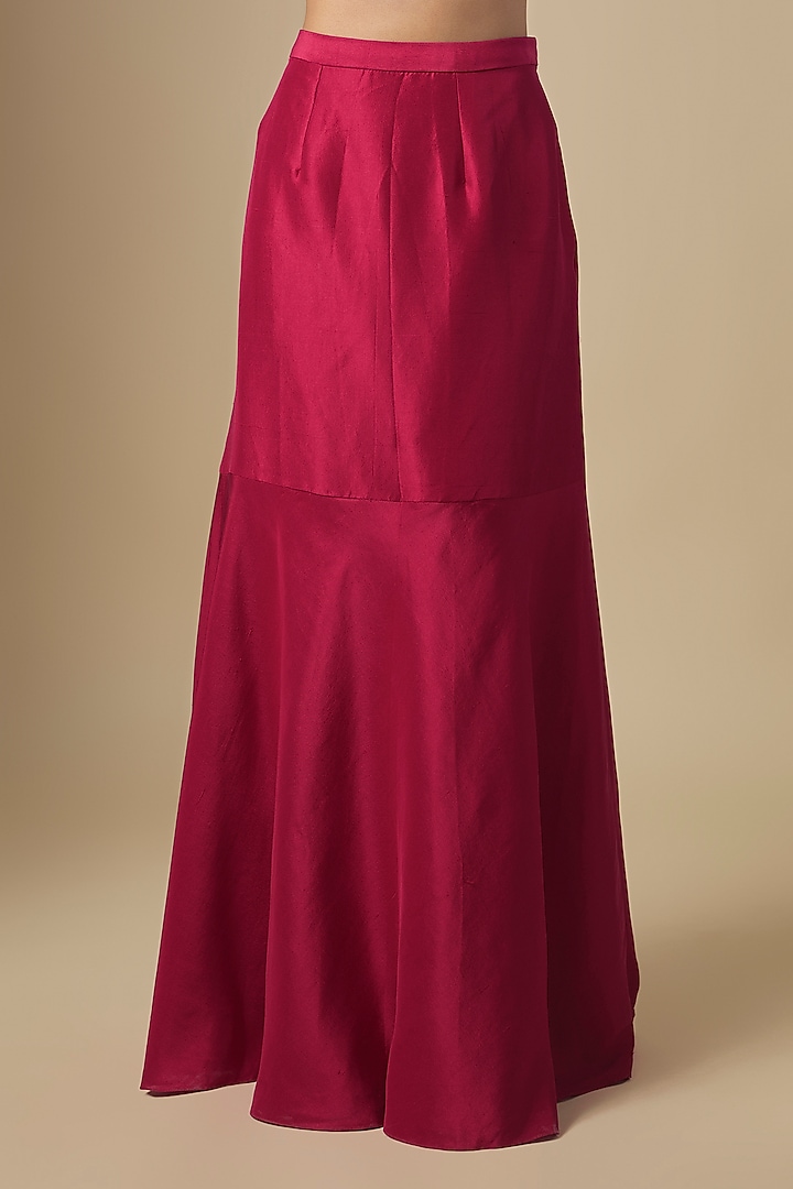 Cherry Red Silk Draped Skirt Wedding Saree Set by Prisho at Pernia's Pop Up Shop