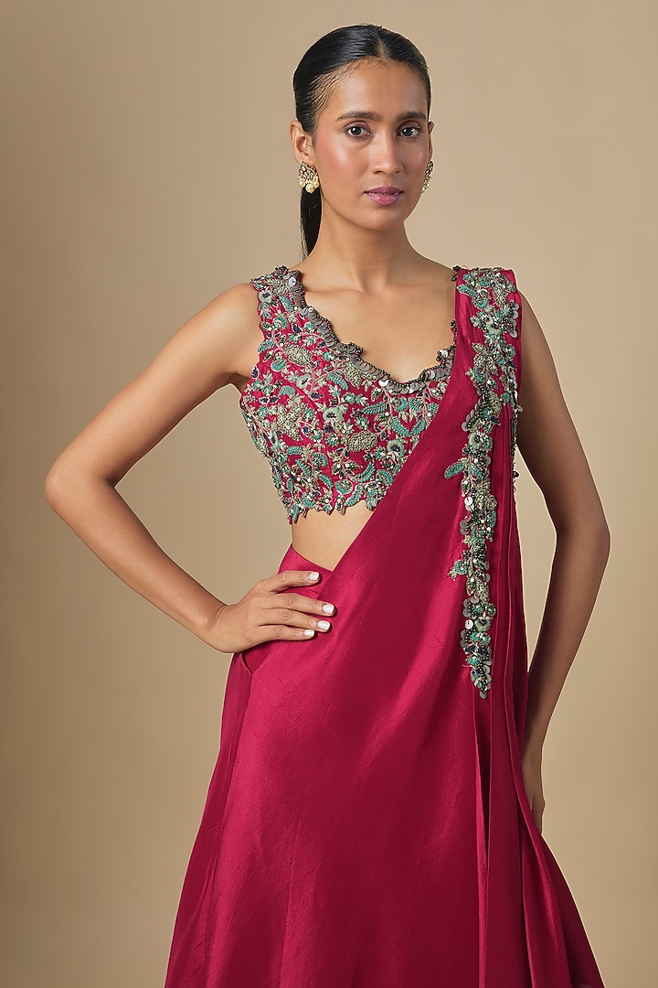 Cherry Red Silk Draped Skirt Wedding Saree Set by Prisho at Pernia's Pop Up Shop