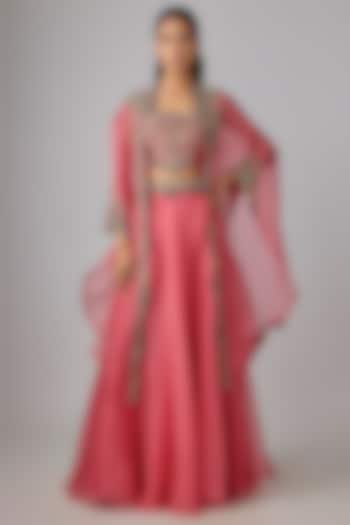 Deep Coral Organza Thread Work Skirt Set by Prisho at Pernia's Pop Up Shop