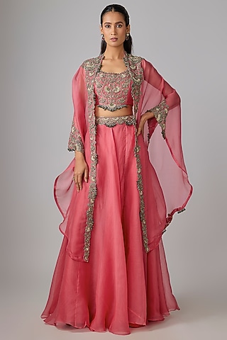 Deep Coral Organza Thread Work Skirt Set by Prisho