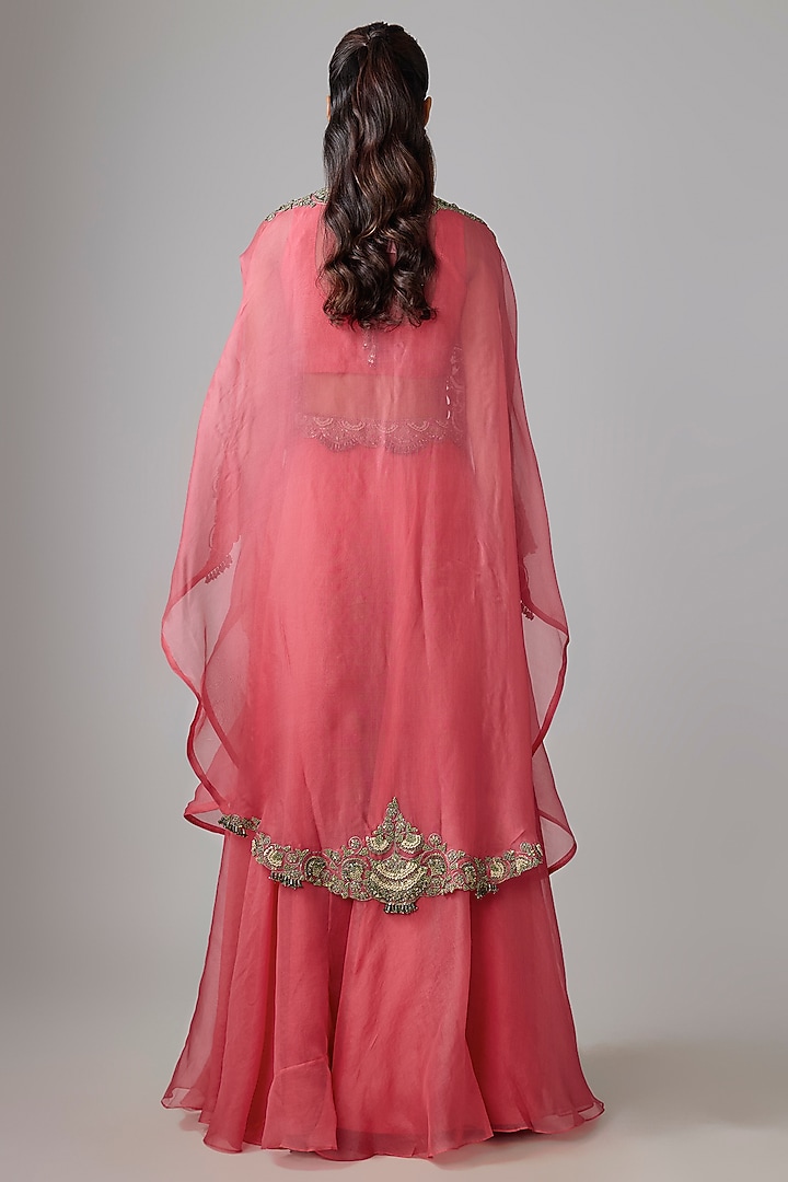 Deep Coral Organza Thread Work Skirt Set by Prisho at Pernia's Pop Up Shop