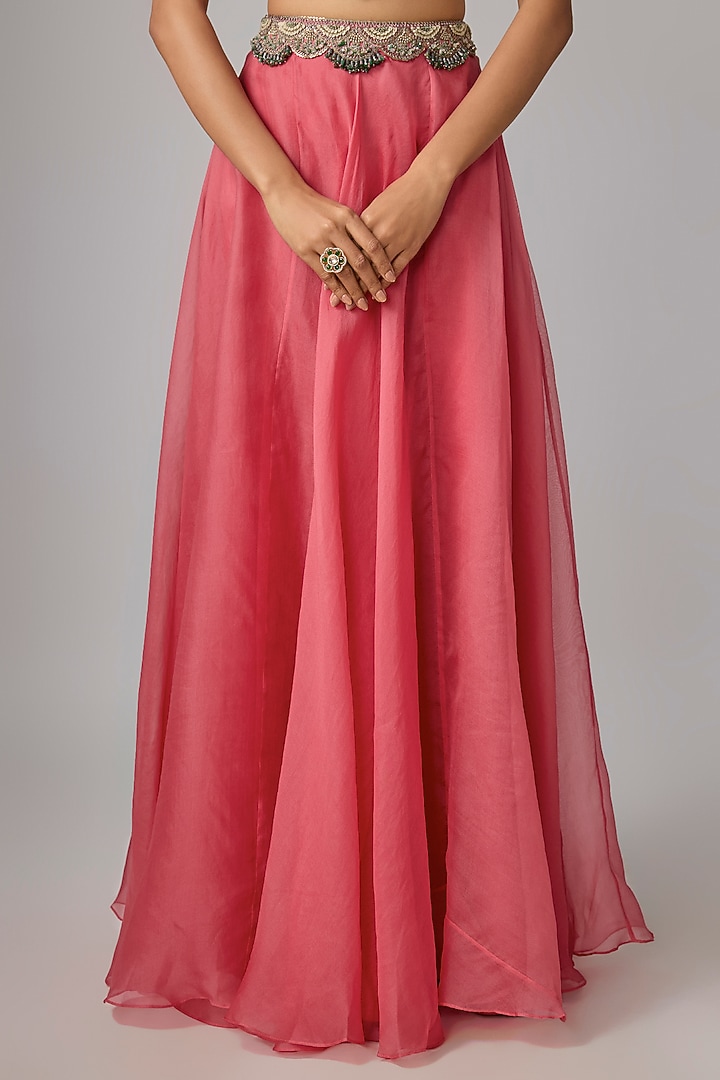 Deep Coral Organza Thread Work Skirt Set by Prisho at Pernia's Pop Up Shop
