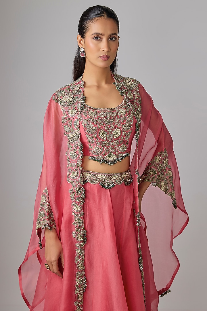 Deep Coral Organza Thread Work Skirt Set by Prisho at Pernia's Pop Up Shop