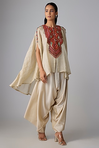 Ivory Tissue Thread Work Kaftan Set by Prisho