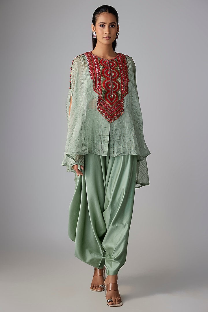 Aqua Tissue Thread Work Kaftan Set by Prisho at Pernia's Pop Up Shop