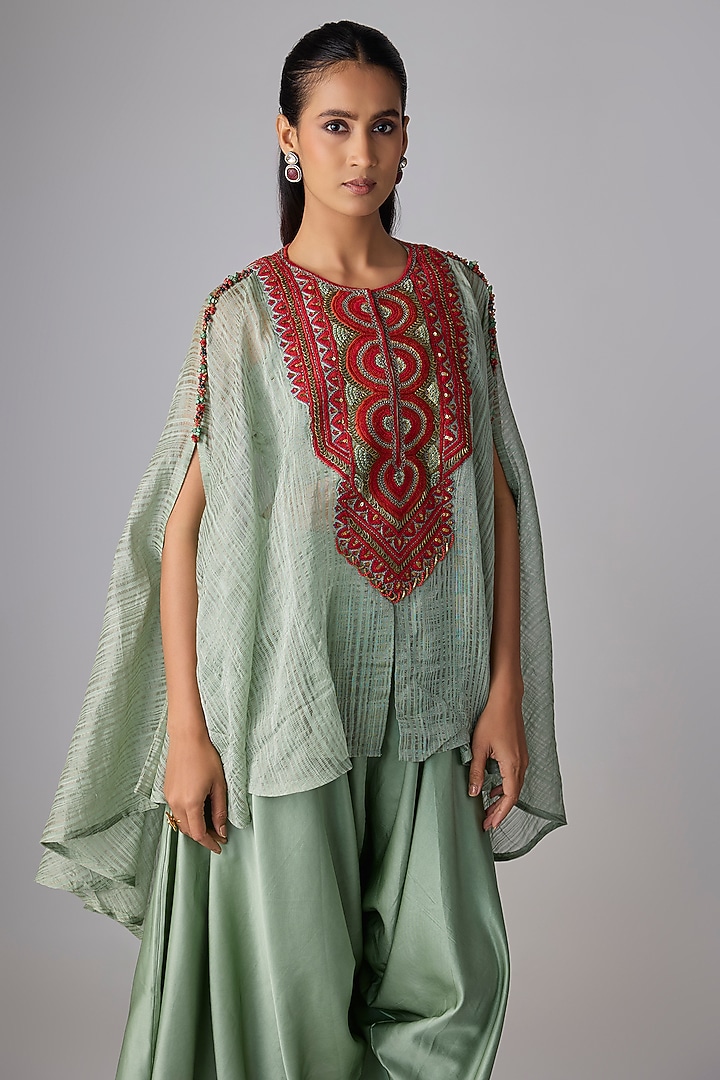 Aqua Tissue Thread Work Kaftan Set by Prisho at Pernia's Pop Up Shop
