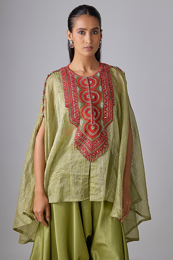 Sea Green Tissue Thread Work Kaftan Set by Prisho at Pernia's Pop Up Shop