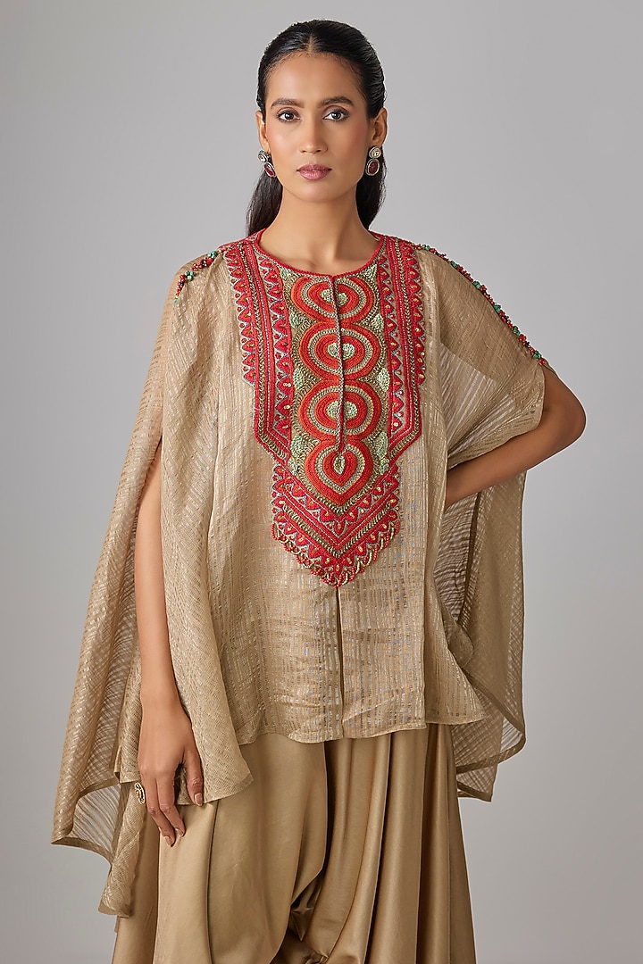 Beige Tissue Thread Work Kaftan Set by Prisho at Pernia's Pop Up Shop