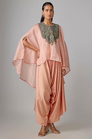 Peach Tissue Thread Work Kaftan Set by Prisho